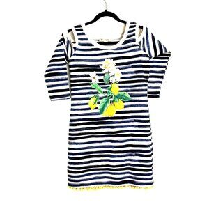 BOSTON PROPER WOMENS NAVY/WHITE/YELLOW GRAPHIC OPEN SHOULDER DRESS SIZE SMALL